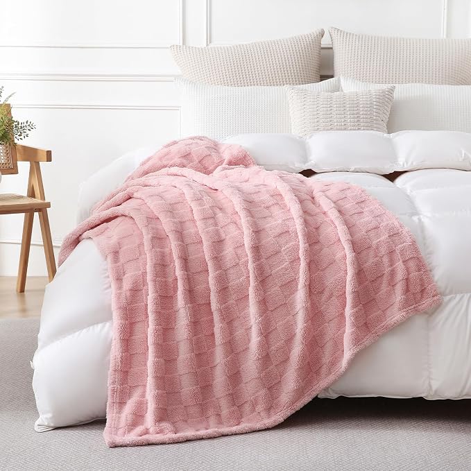 Light Pink Fleece Throw Blanket 60”×80”Checkered Design for Couch | Super Soft Cozy Plush Microfiber 3D Square Pattern Flannel Blanket for Sofa Bed Lightweight for Adults,Women
