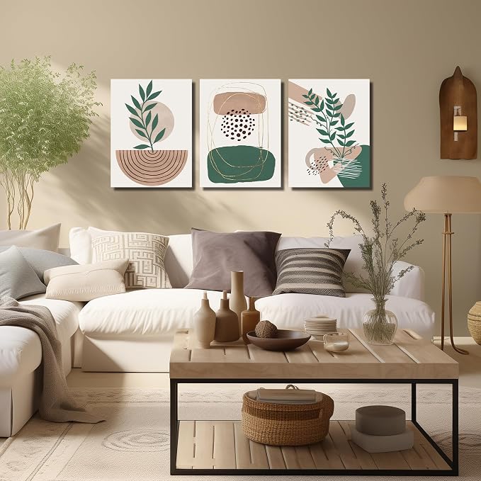 DNIEOTU Boho Canvas Wall Art for Living Room, Minimalist Geometric Shapes Wall-Decor for Bedroom, Modern Botanical Picture Prints, Size 16 x 24 Inches 3-Pieces