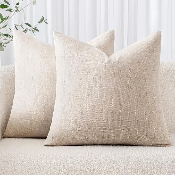 MIULEE Textured Chenille Throw Pillow Covers 18x18 Inch Pack of 2 Beige | Decorative Soft Throw Pillows, Solid Textured Cushion Covers, Modern Home Decor for Couch Sofa Bedroom Living Room