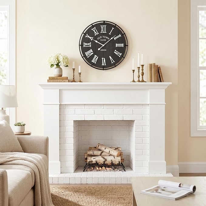 EMAX HOME 20 Inch Large Farmhouse Wall Clock, Rustic Black Distressed Wood Grain Face with White Roman Numerals, Silent Non-Ticking Quartz Movement, Metal Frame Wall Decor for Living Room, Bedroom.