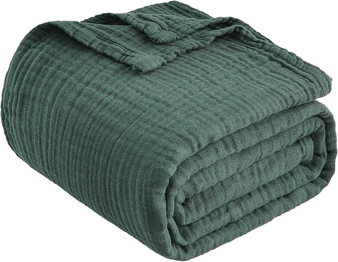 EMME Muslin Blankets for Adults Throw Blanket for Couch Breathable Gauze Soft Lightweight Airy Forest Green Super King 120" x 94"