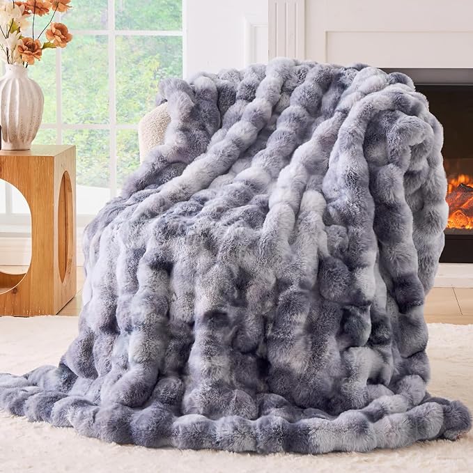 BENVWE Fluffy Faux Fur Throw Blanket for Couch - Soft, Plush, Thick, Cozy, Fuzzy Luxury Bubble Blanket for Home Living Room Decor, Gifts for Women, Tie-dye Light Grey, 51" x 63", 1100GSM