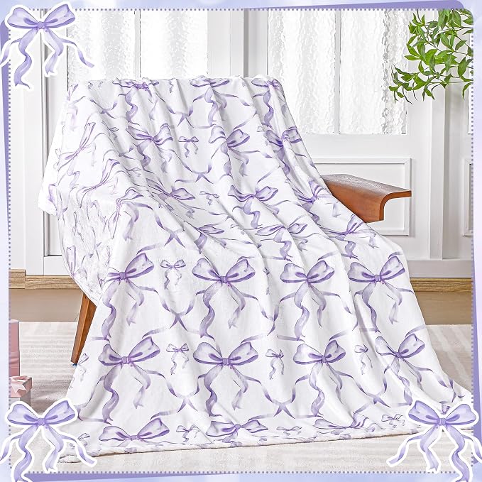 Purple Bow Throw Blanket 50"x60" Soft Flannel for Girls Women | Coquette Aesthetic Decor with Ruffled Edges, Ultra Plush Bed Sofa Blanket, Preppy Gift for Teens, Back to School Dorm Room