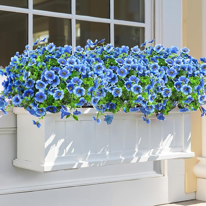 12 Pcs Artificial Flowers for Outdoors Decorations, Blue | Lifelike silk flowers, UV resistant, faux plastic plants, for garden porch window table vase home indoor outdoor decor