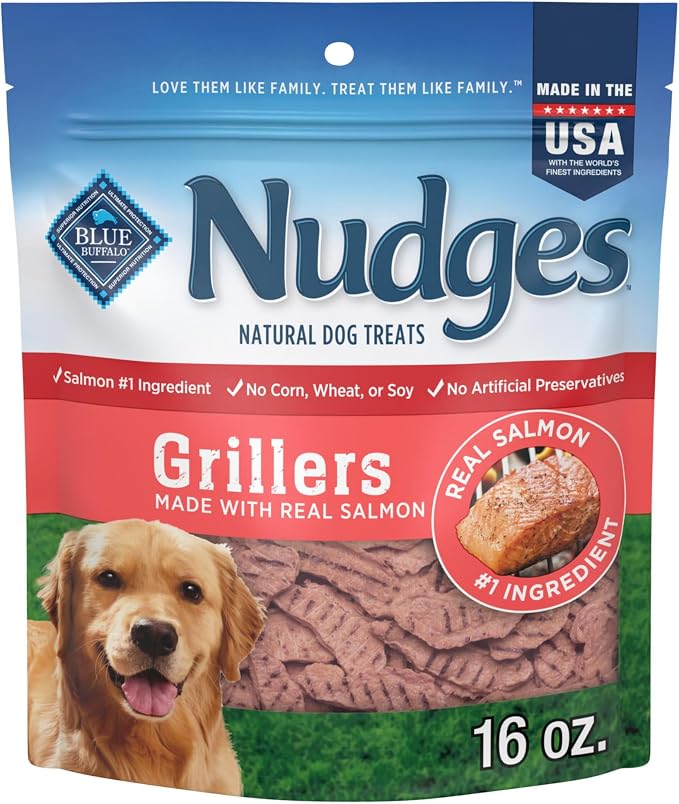 Blue Buffalo Nudges Grillers Salmon Dog Treats, 16 oz | Real Salmon First, Oven-Dried, Easy to Tear, For All Breed Sizes, No Artificial Preservatives