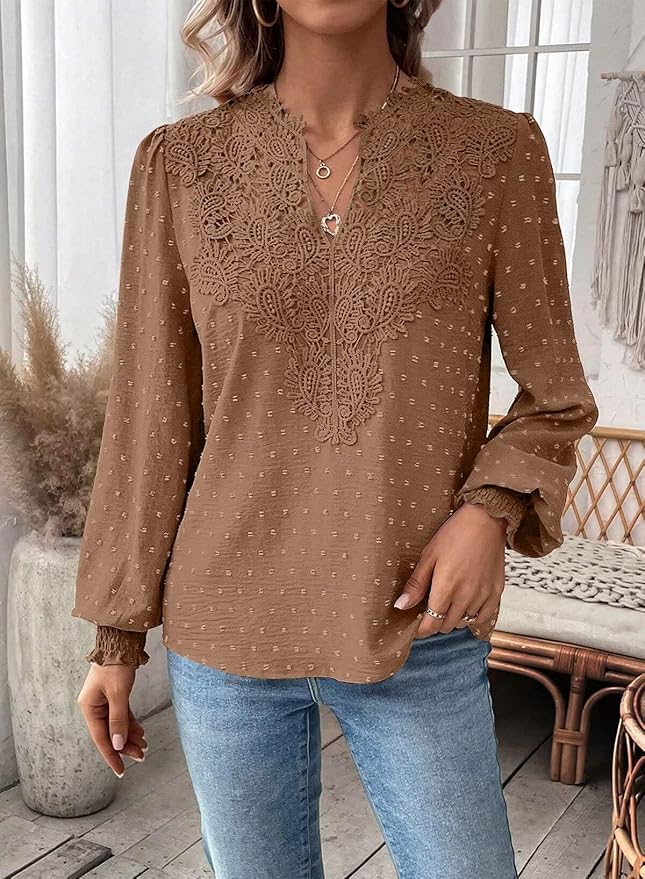 Womens Tops Swiss Dot Boho Long Sleeve Shirts V Neck Casual Chiffon Blouses Flowy Lace Hem Cute Clothing Trendy 2026