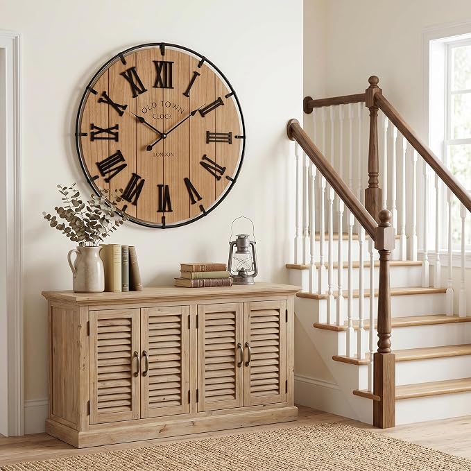 EMAX HOME Inch Large Farmhouse Wall Clock, 3D Raised Roman Numerals on Wooden Background, Silent Quartz Movement, Black Metal Frame for Easy Reading in Entryway, Hallway, or Dining Room