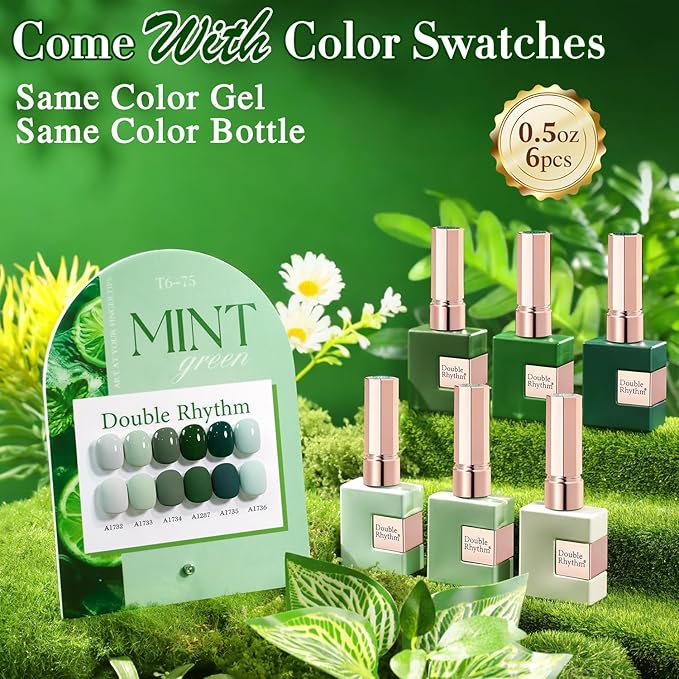 Double Rhythm 6 Pcs 15 ML Gel Polish Set Same Color Same Bottle Soak Off Gel Polish Kit Nail Art Manicure Salon DIY at Home for Women (Dark Mint Frost Sage Green Gray-T6-75)