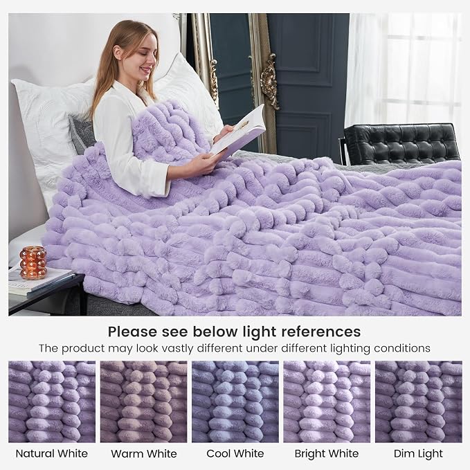 Cozy Bliss Faux Fur Throw Blanket for Couch, Cozy Warm Plush Striped Blanket for Sofa Bedroom Living Room, 50 * 60 Inches Lavender