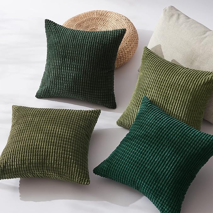 Topfinel Fall Pillow Covers Set of 4 Soft Corduroy Boho Strip Textured OliveGreen Pillow Covers Modern Farmhouse Cute Autumn Home Decor Green Living Room Sofa Couch Bed 40x40 cm