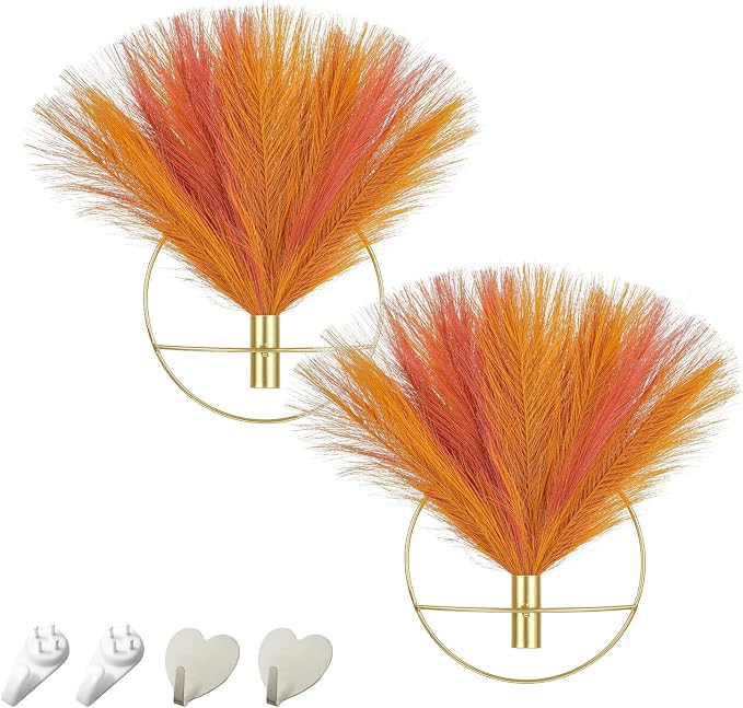 Pretty Jolly Boho Pampas Wall Decor Gold Metal Wall-Mounted Art | Morden Artificial Greenery Display，2 Pack Hanging Planter For Living Room, Bedroom, Bathroom, Dining room