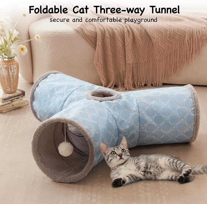 Tempcore Cat Tunnel, 3-Way Collapsible Toy for Indoor Cats, Geometry Blue