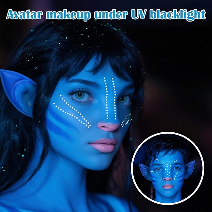 8pcs Avatar Makeup Kit,Navy Blue White Face Paint, Royal Blue Face Paint for Smurf Mystique Cosplay,Lip Gloss,White UV Eyeliner, Short Elf Ears,Single Eyeshadow,Halloween Body Paint Set with 2 Sponges
