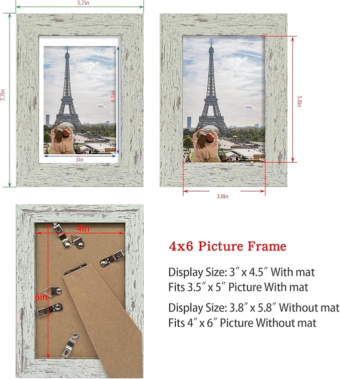 Hongkee 4x6 Picture Frame Set of 4, Made of Real Glass and Sage Green Wooden Frame, 4 by 6 Photo for Wall or Tabletop - Display Picture 3.5x5 with Mat or 4x6 Without Mat