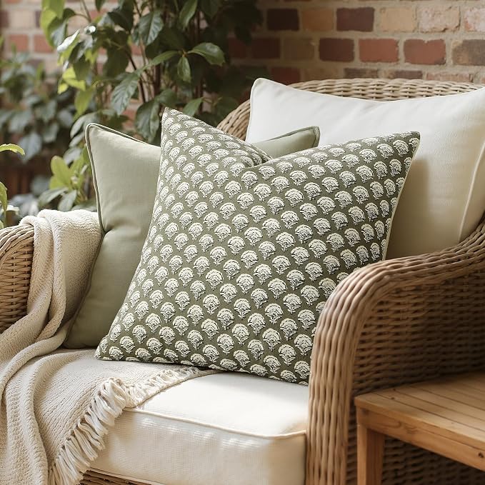 MIULEE Floral Print Decorative Euro Pillow Covers 26x26, Sage Green | Vintage Boho Farmhouse Modern Home Decor, Set of 2, Block Print Cushion Covers for Couch Sofa Bed Living Room