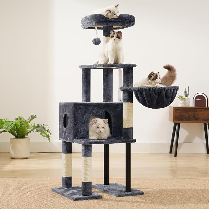 Heybly Cat Tree with Toy, 49.2 inch Cat Tower for Indoor Cats HCT200SG | Spacious Cat House Condo with Hidden Space，Soft Plush Top Perch，Cozy Hammock and Sisal Scratching Posts, Smoky Gray