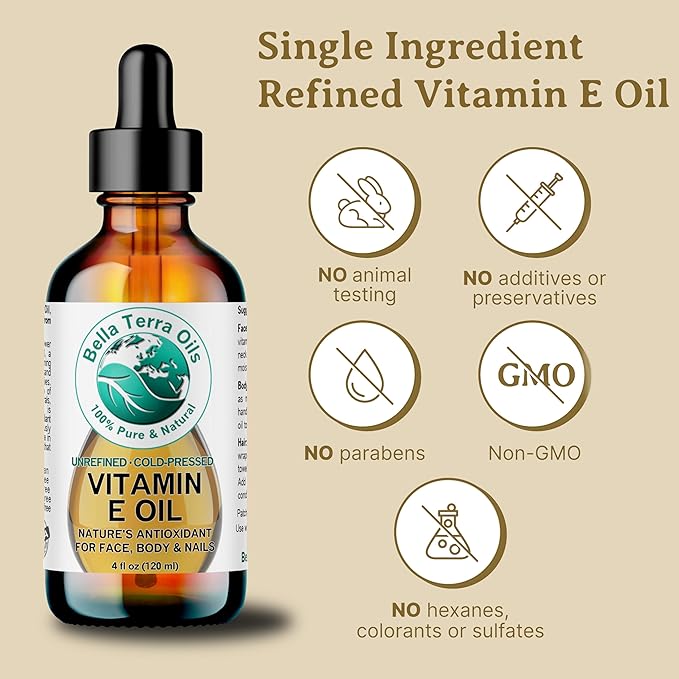 Bella Terra Oils - Organic Vitamin E Oil 4 oz - Strongest Concentration of Natural Organic Vitamin E, D-Alpha Tocopherol Rich, Perfect for Nourishing Your Face and Body