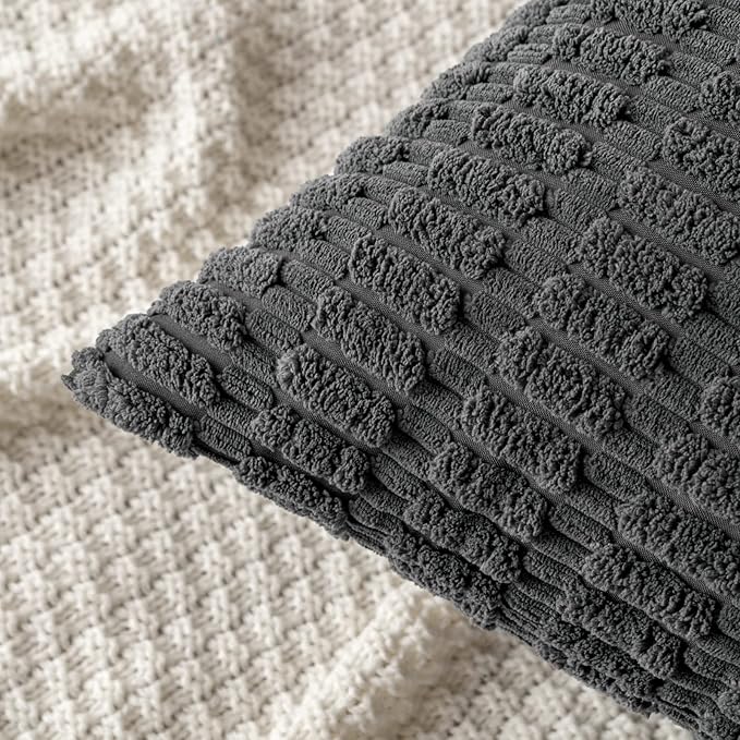 MIULEE Corduroy Decorative Throw Pillow Covers 16x16 Dark Grey Pack of 2 | Soft Boho Striped Pillow Covers Modern Farmhouse Home Decor For Sofa Living Room Couch Bed