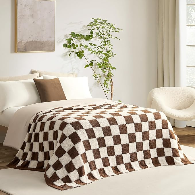 Snuggle Sac Brown Checkered Throw Blanket Faux Fur Microfiber Blankets for Couch,Cozy Soft Warm Blanket for Sofa Bedroom Living Room,Brown Checker,50x60 inches