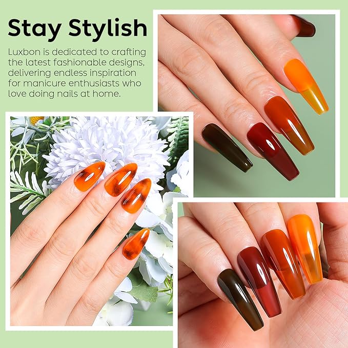 Luxbon 6 pcs Jelly Gel Nail Polish Set - Fall Color Set Long Lasting Autumn Gel Polish, uv led Soak Off Nail Art Designs Manicure Kit 020