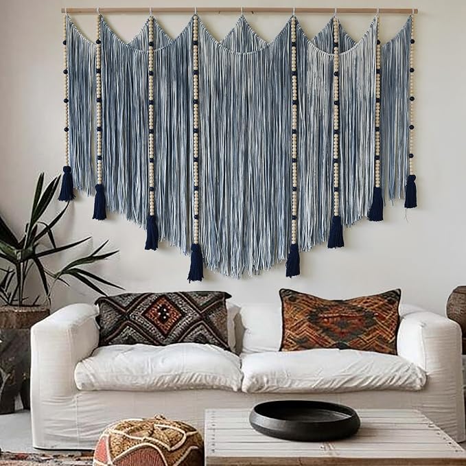 Jakalin Macrame Wall Hanging Blue Dip Dye Bead Boho Home Decor 57"x43" | Blue Dip-dye Cotton Cord, Handwoven Beadwork, Artisan Texture, Modern Boho Wall Decor, Home Accent Yarn Fiber Wall Art