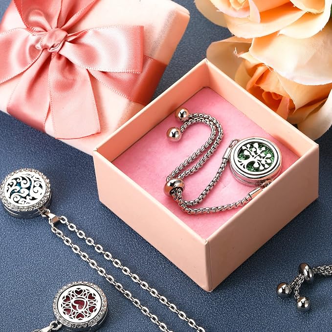 MTLEE 6 Pcs Essential Oil Diffuser Necklace Bracelet Set Stainless Steel Aromatherapy Locket Pendant Adjustable Bracelet for Women with 40 Pcs Refill Pads Assorted Colors Gift Set Christmas Birthday