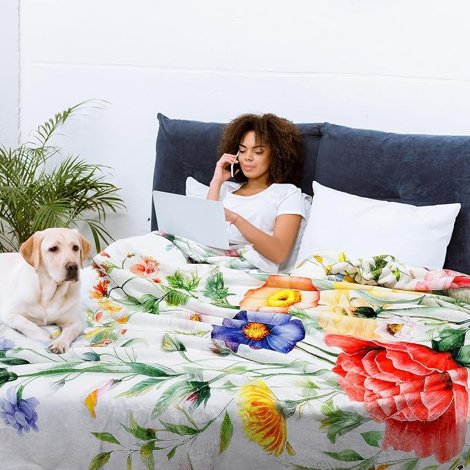 Floral Blanket Vintage Flowers Blankets Butterfly Wildflowers Throw Blankets Soft Cozy Flannel Fleece Throw Blanket Colorful Daisy Plants Throw Blanket for Couch Sofa Bed, 60"×80"