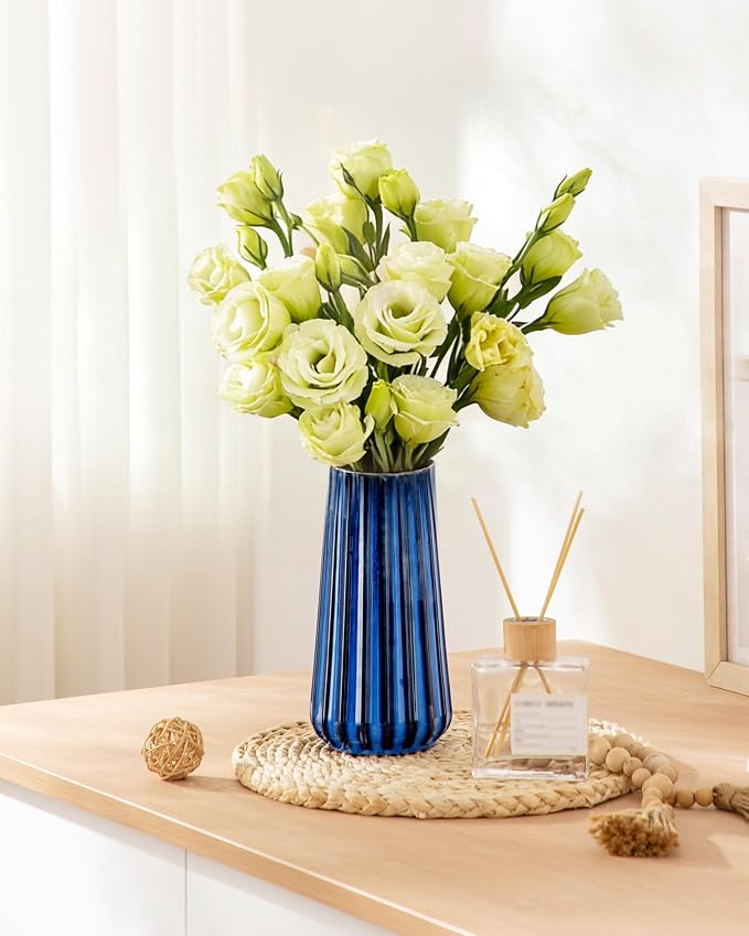 vancasso Ceramic Vase, 7.8 Inch Modern Ribbed Glossy Decorative Vase, Flower vase for Home Decor, Living Room, Bedroom, Office Decor, Blue