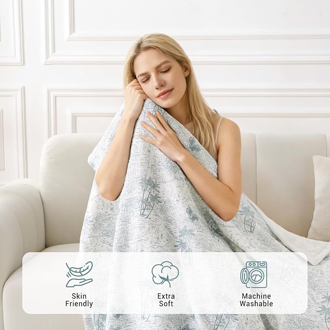 Viviland Cotton Blanket Muslin Blankets for Adult Reversible Flannel, Gifts for Women, Cozy and Soft for All Seasons, Home Decor Throw for Sofa, Chair, Coastal Toile, 50x70 inches