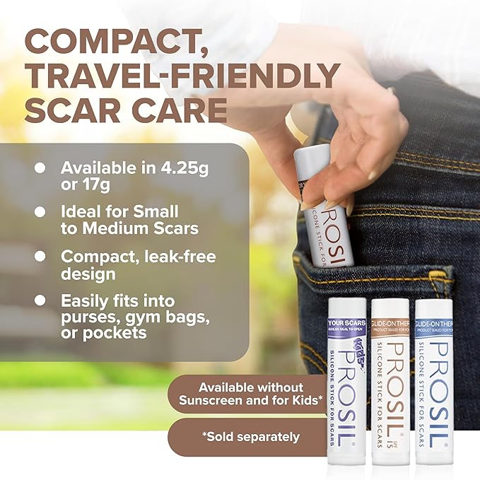 ProSil Silicone Scar Gel Stick with SPF 15 – Patented Scar Treatment in a Mess-Free, Compact Glide-On Stick - Made from Premium-Grade Silicone - Gentle on All Skin Types, Including Kids - 17g