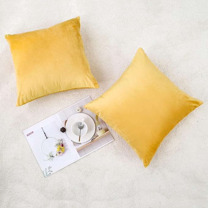 NiNi ALL Yellow Velvet Throw Pillow Covers 24x24 Pack of 2 Decorative Couch | Soft Solid Cushion Squar Pillow Cases for Chair Sofa Bedroom Farmhouse Living room Modern Luxury Home Decor Fall Halloween