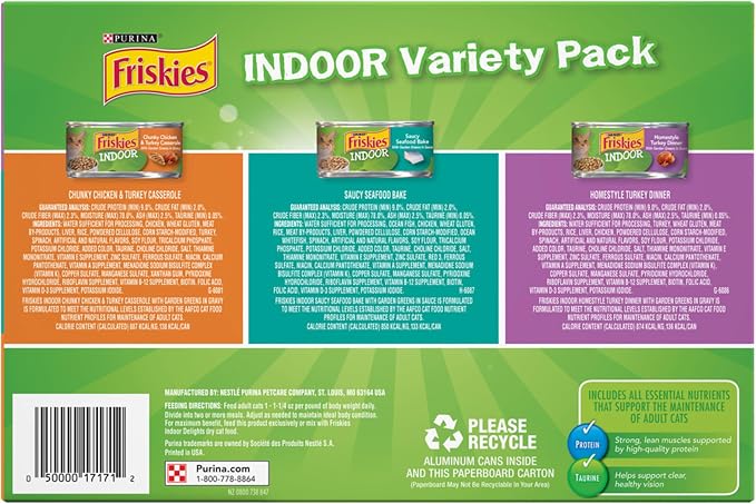 Purina Friskies Indoor Cat Food 24ct VP - (Chicken and Turkey Casserole, Saucy Seafood Bake, Homestyle Turkey Dinner) - (Pack of 24) 5.5 oz. Cans