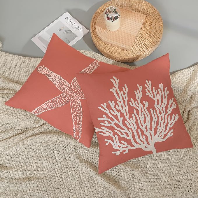 Orange Starfish Pillow Covers 18x18 Inch Set of 2, Nautical Ocean Coastal Coral Throw Pillows Spring Summer Decorations Linen Pillowcase Outdoor Decor Farmhouse Cushion Case for Home Holiday