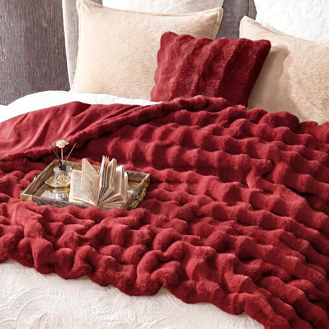 Cozy Bliss Faux Fur Throw Blanket for Couch, Fuzzy Soft Plush Thick Bubble Blanket for Sofa Bedroom Living Room, 60 * 80 Inches Red