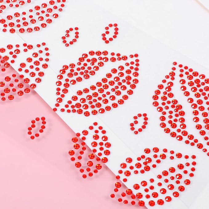 6 Sheets Red Face Gems Self-Adhesive Face Jewels, Red Face Glitter Lip Hair Gems, Festival Kiss Stickers for Makeup, Eye, Hair, Body, Rave Accessories