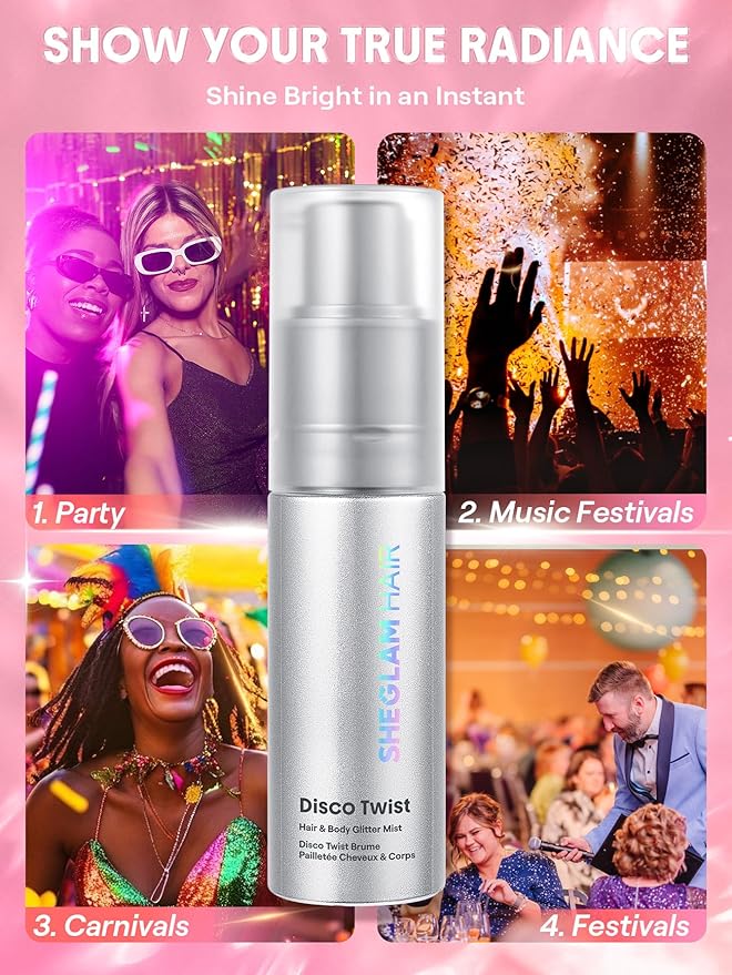 SHEGLAM Hair & Body Glitter Mist Spray - Shimmering Sparkle Makeup for Parties, Festivals, Cosplay, Halloween - Long Lasting, Non-Clogging, Easy Wash Off, 0.3 Fl Oz (Pink)