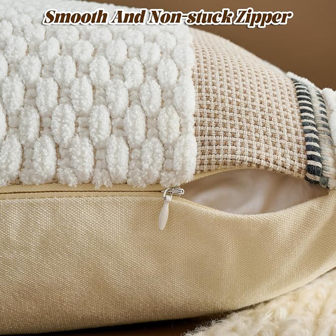 Chenille Striped Textured Boho Throw Pillow Covers Aesthetic with Tassels Woven Decorative Pillow Case for Couch Bed Sofa Bedroom Modern Funky 18 x 18-Inch White