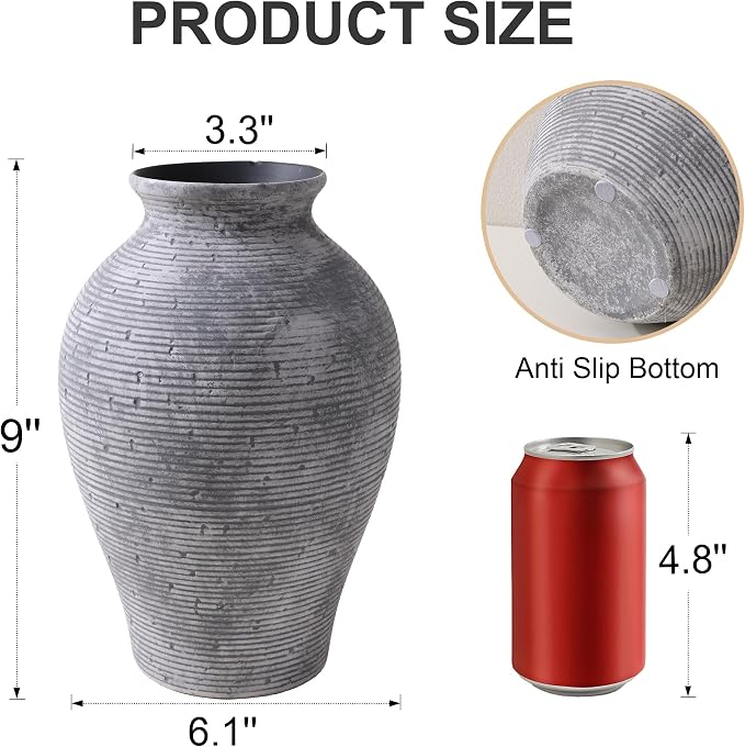 Ceramic Flower Vase Home Decor, 9 in Farmhouse Table Vases Rustic Vintage Living Room Kitchen Bedroom Pottery Decorative Vases for Flowers House Book Shelf Office Coffee Desk Dining Entryway, Grey