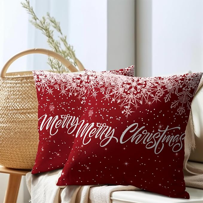 Kawani Merry Christmas Throw Pillow Cover, 20 x 20 Inch Xmas Red Snowflakes Winter Holiday Decorative Cushion Case Linen Cotton Pillowcase for Sofa Couch Bed Room Car Seat Outdoor