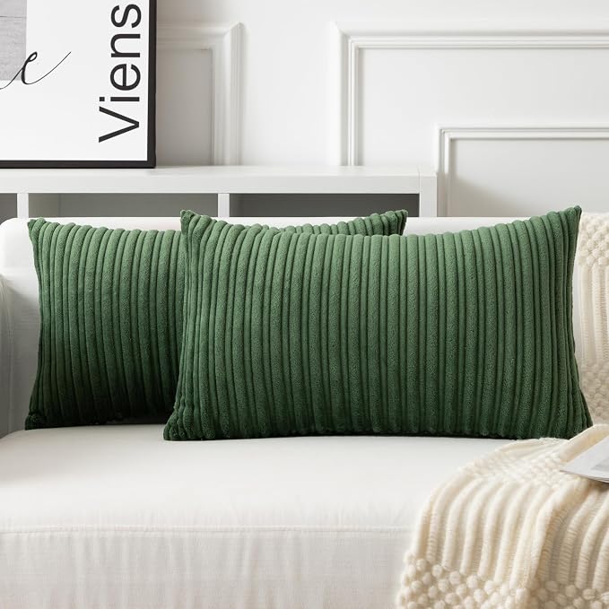 UGASA 12x24 Inch Pillow Cover Pack of 1 Soft Boho Stripe Corduroy Long Rectangular Lumbar Cushion Cover Farmhouse Decorative Throw Pillowcase for Bed, Couch, Sofa, Bedroom, Living Room, Moss Green