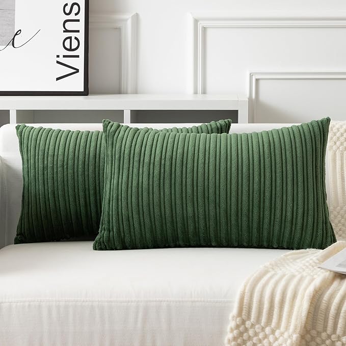UGASA Velvet 12x20 Inch Lumbar Soft Throw Pillow Cover Boho Farmhouse Decorative Corduroy Striped Both Sides Solid Rectangular Cushion Case for Couch Bedroom Sofa Home, 1 Piece, Moss Green