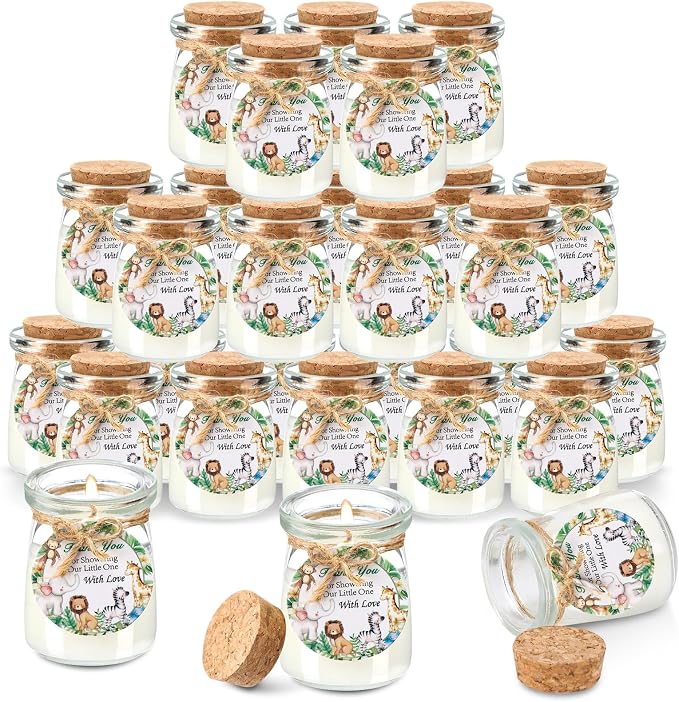 Threlaco 20 Pcs Jungle Animals Baby Shower Favors Party Candle Lavender Scented Glass Mason Jar Wax Candle Bulk for Guests Girl Boy Gender Reveal Party Gifts(Green)