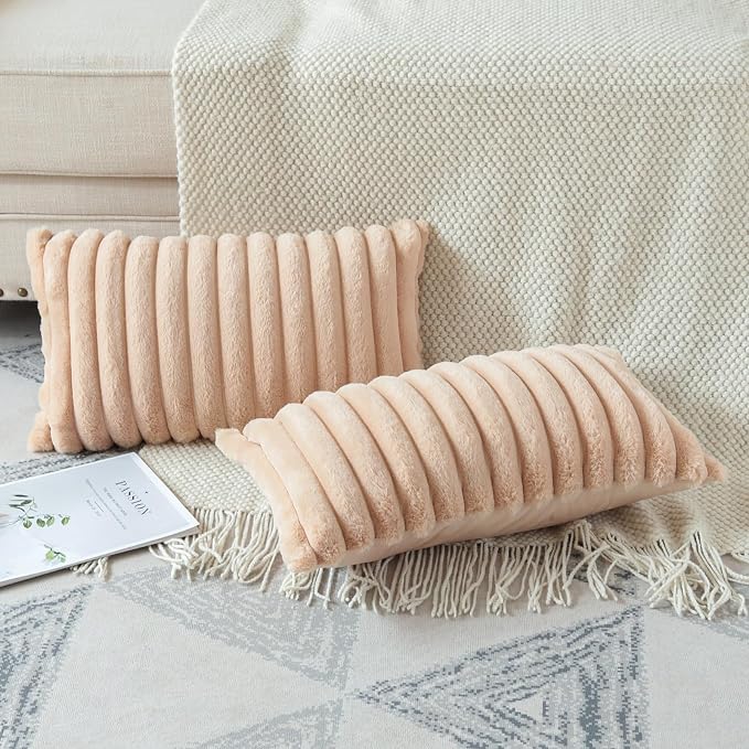 Soleebee Set of 2 Throw Pillow Covers Soft Cozy Velvet Pillowcase Faux Rabbit Fur Cover for Couch Sofa Bed Chair Home Decorative Pillows Cover (12x20 Inch, Camel)