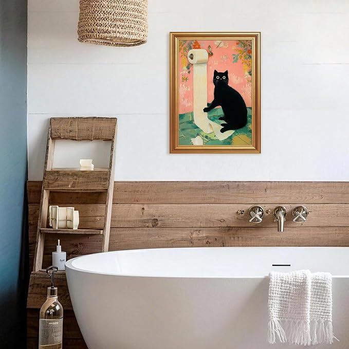 ICHZUMW Gold Framed Funny Black Cat Toilet Paper Canvas Wall Art, 12x16 In | Quirky Cat Print Humorous Pink Bathroom Wall Decor, Restroom Powder Room Guest Toilet, Fade Resistant, Ready to Hang