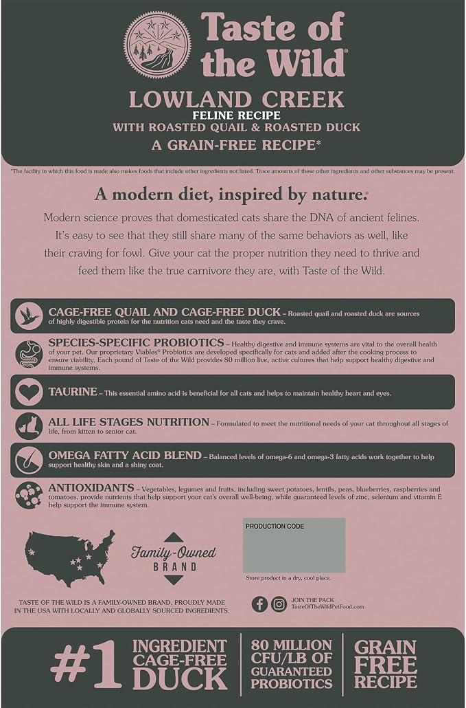Taste of the Wild Lowland Creek Cat Food, Roasted Quail & Roasted Duck, 5lb | Kitten, Adult & Senior Cats | High Protein | Grain Free Recipe* | Nutrient Dense to Help Support Peak Health