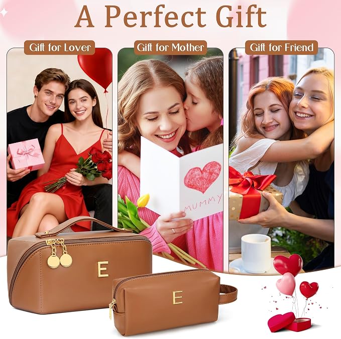 KKXIU Initial Makeup Bag for Women - Personalized Makeup Bag Gifts for Women, Travel Toiletry Bag with PU Leather, Open Flat Design with Top Handle, Cosmetic Bag Set with Multi-Pocket (Brown,E)