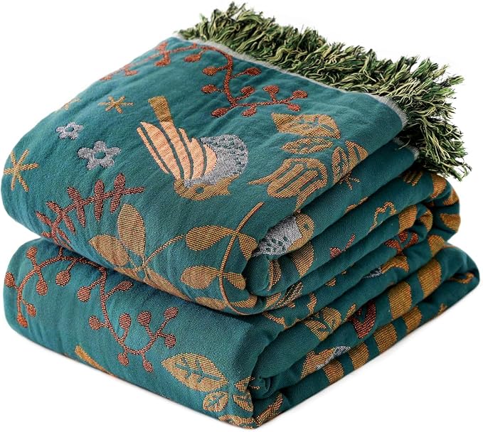LUTBM King Throw Blanket for Bed, 100% Cotton Boho Soft Summer Blankets | 90"x108" Reversible Floral Bird Quilt, All-Season Bedspread, For Chair Sofa Couch Bedroom Decor, Breathable 4-Layer Gauze