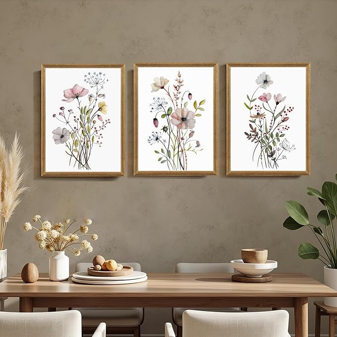WRFON Framed Botanical Canvas Wall Art Set of 3, Watercolor Floral Prints, Framed Flower Wall Decor for Bedroom Bathroom Living Room, 12x16 Inch Each