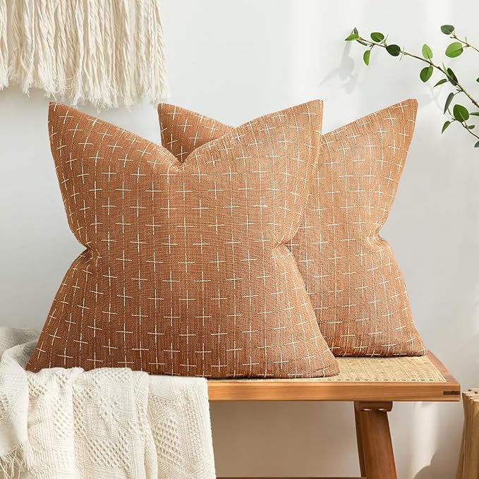 MIULEE Pack of 2 Decorative Burlap Linen Throw Pillow Covers Farmhouse Pillowcases Modern Rustic Woven Textured Cushion Cover for Sofa Couch Bed 24x24 Inch Brick