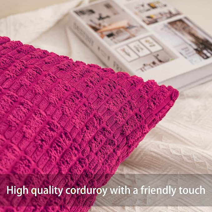 Pack of 2 Corduroy Decorative Throw Pillow Covers 16x16 Inch, Rose Red | Fall Soft Striped Pillow Covers Modern Farmhouse Home Decor Christmas Throw Pillow Covers for Sofa Living Room Couch Bed